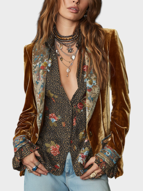 Emily & Isabella Brooks | Vintage Floral Print Blazer in Polyester Velvet