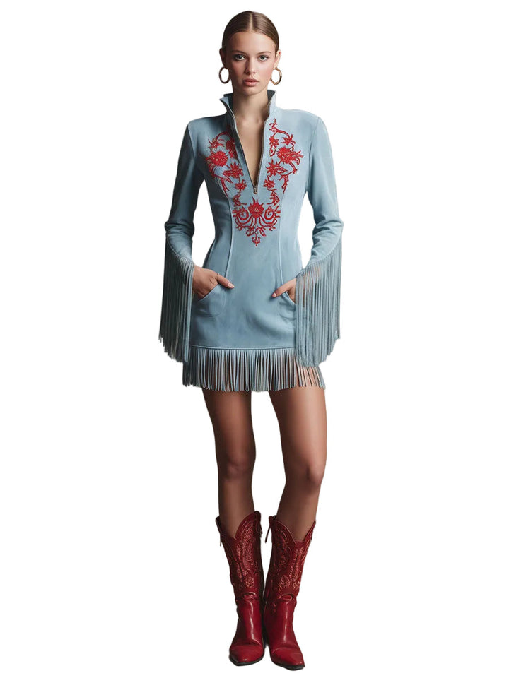 Emily & Isabella Brooks | Western Retro Red Embroidered Blue Faux Suede Long-Sleeved Mini Dress
