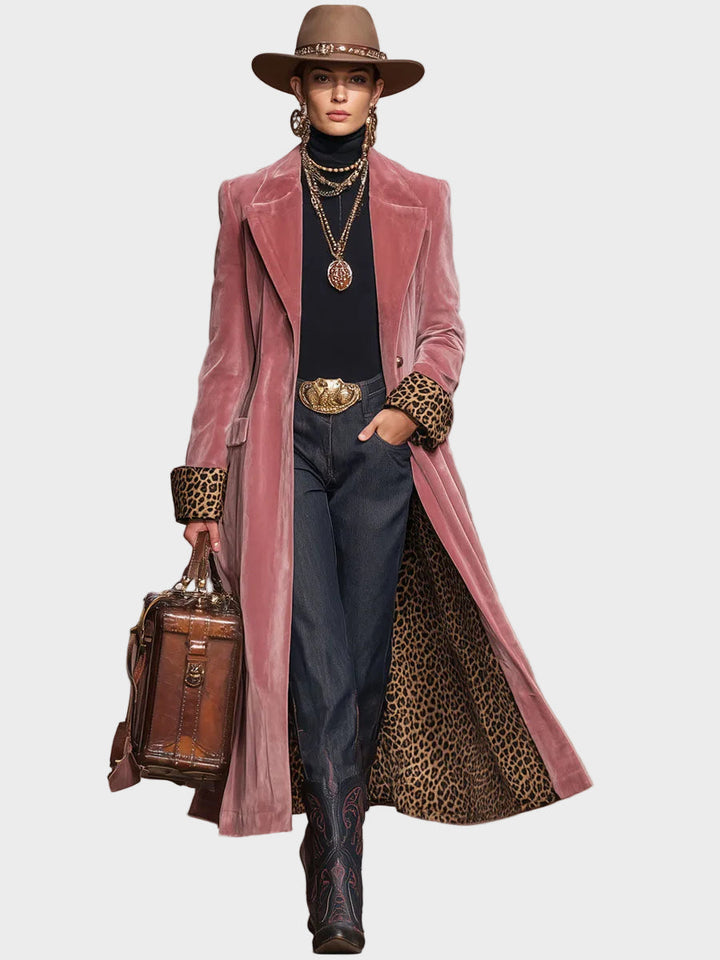 Emily & Isabella Brooks | Velvet Single-Breasted Coat with Lapel and Leopard Print