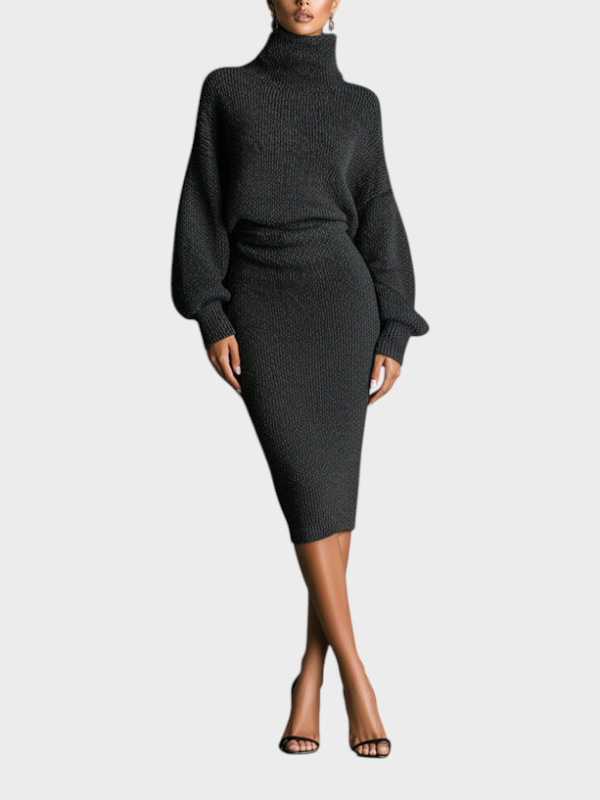 Emily & Isabella Brooks | Women's Khaki Knitted Midi Dress with High Neck and Oversized Silhouette