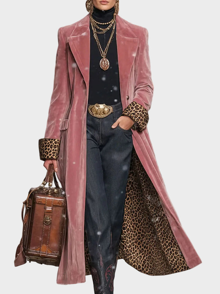 Emily & Isabella Brooks | Velvet Single-Breasted Coat with Lapel and Leopard Print