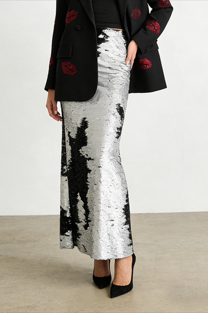 Emily & Isabella Brooks | Metallic Sequin High Waisted Pencil Skirt