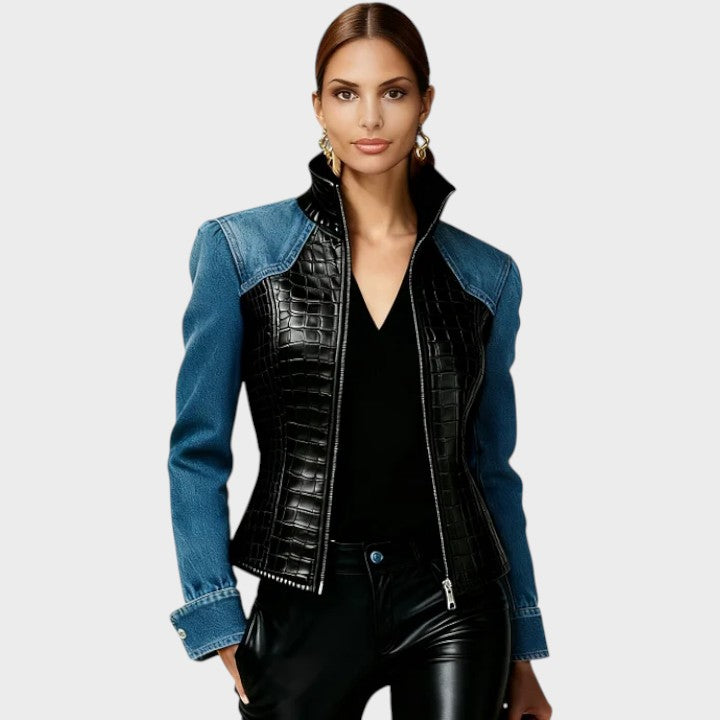 Emily & Isabella Brooks | Women's Black Leather Jacket in Knitted Croc PU with Patchwork Pattern, Long Sleeves, Zipper