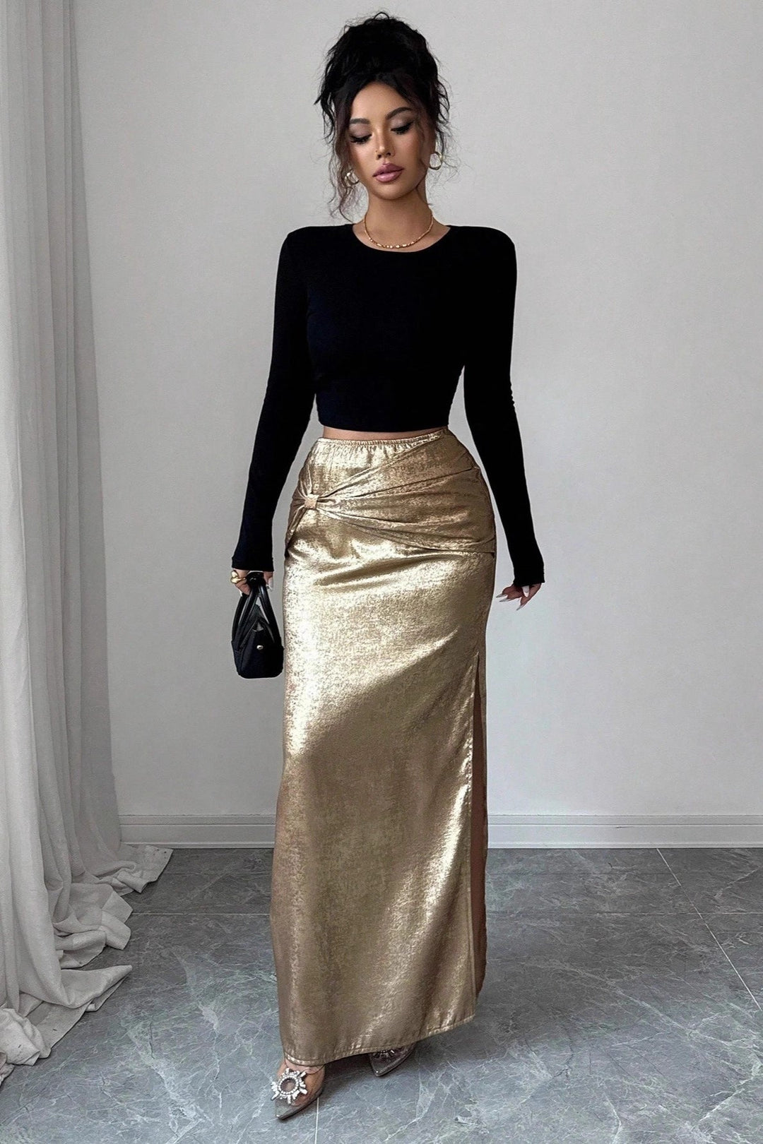 Emily & Isabella Brooks | Metallic Ruched Slit Bodycon Skirt
