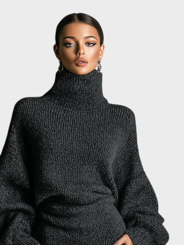 Emily & Isabella Brooks | Women's Khaki Knitted Midi Dress with High Neck and Oversized Silhouette