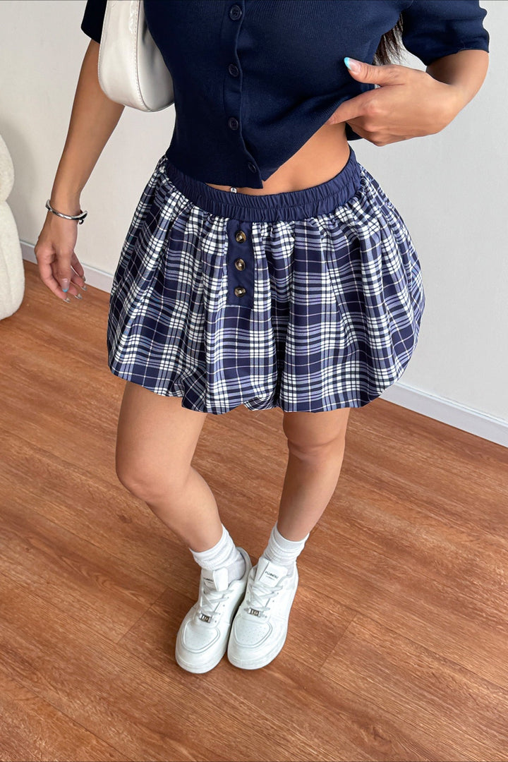 Emily & Isabella Brooks | Plaid Elastic Waist Puff Mini Skirt