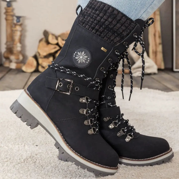 Emily & Isabella Brooks | Women's Winter Lace-Up Snow Boots - Knit Cuff, Buckle, Anti-Slip Sole