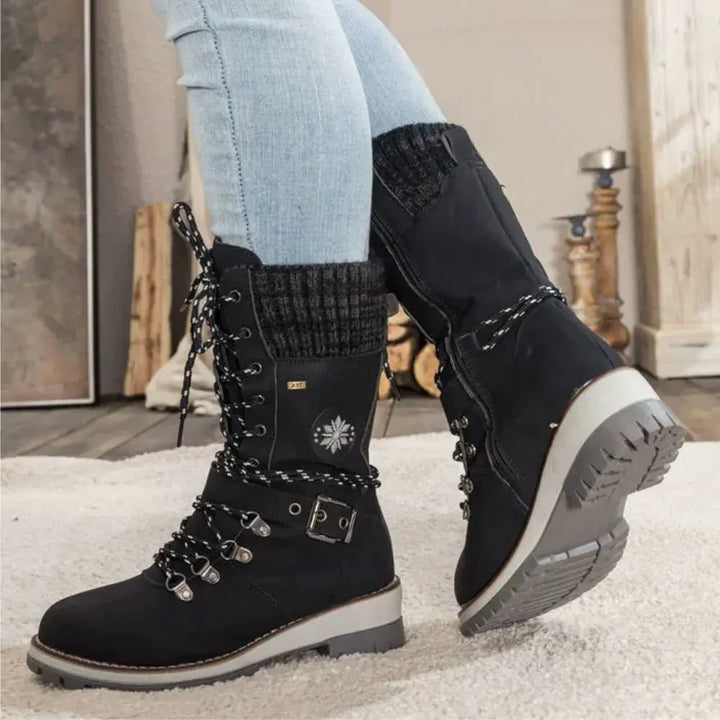 Emily & Isabella Brooks | Women's Winter Lace-Up Snow Boots - Knit Cuff, Buckle, Anti-Slip Sole
