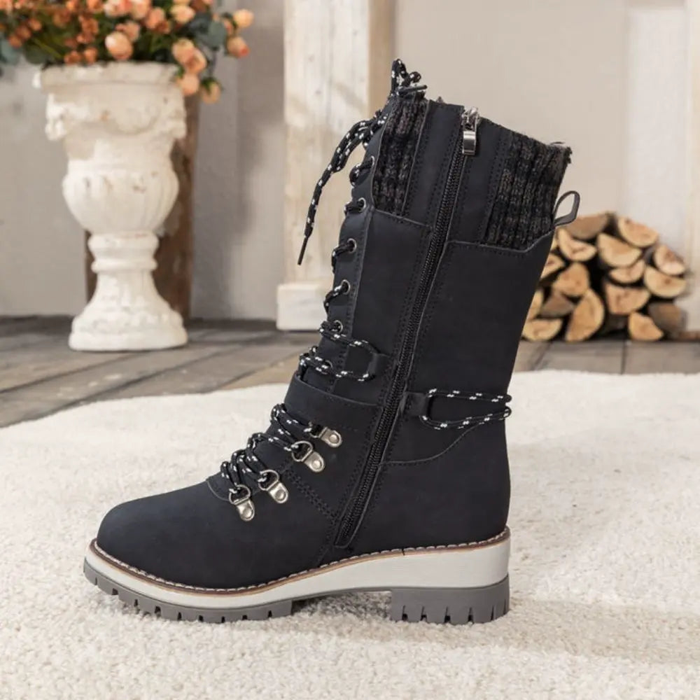 Emily & Isabella Brooks | Women's Winter Lace-Up Snow Boots - Knit Cuff, Buckle, Anti-Slip Sole