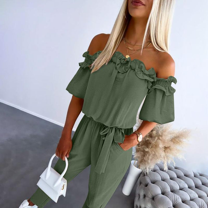 Emily & Isabella Brooks | Off Shoulder Frill Tie-Waist Jumpsuit