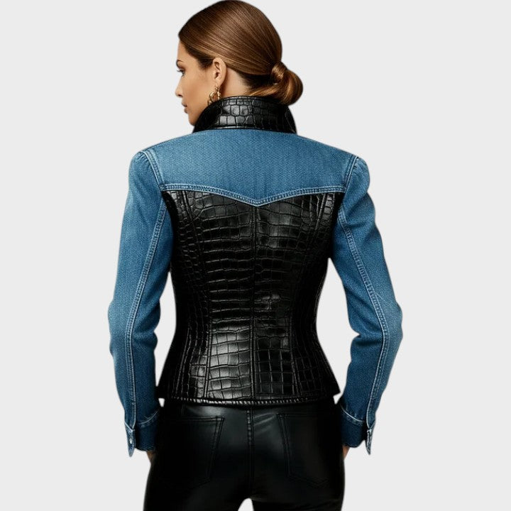 Emily & Isabella Brooks | Women's Black Leather Jacket in Knitted Croc PU with Patchwork Pattern, Long Sleeves, Zipper
