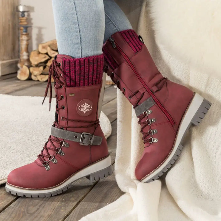 Emily & Isabella Brooks | Women's Winter Lace-Up Snow Boots - Knit Cuff, Buckle, Anti-Slip Sole