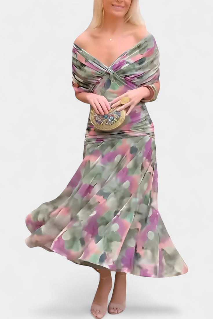 Emily & Isabella Brooks | Long Floral Dress with V-Neck