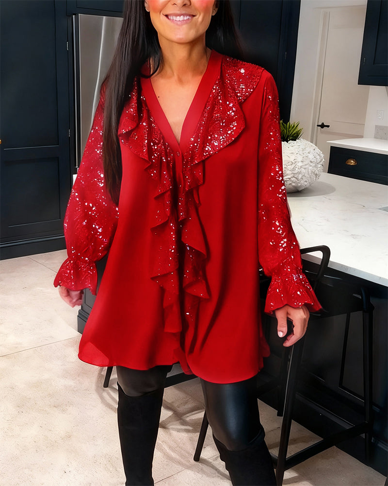 Emily & Isabella Brooks | Loose Solid Color Blouse with Ruffles