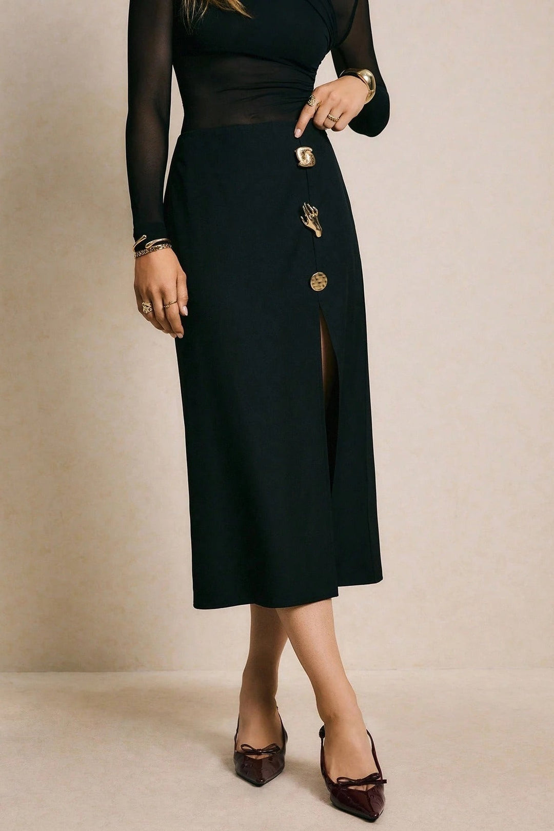 Emily & Isabella Brooks | High Waisted Slim Split Skirt with Metal Buckle
