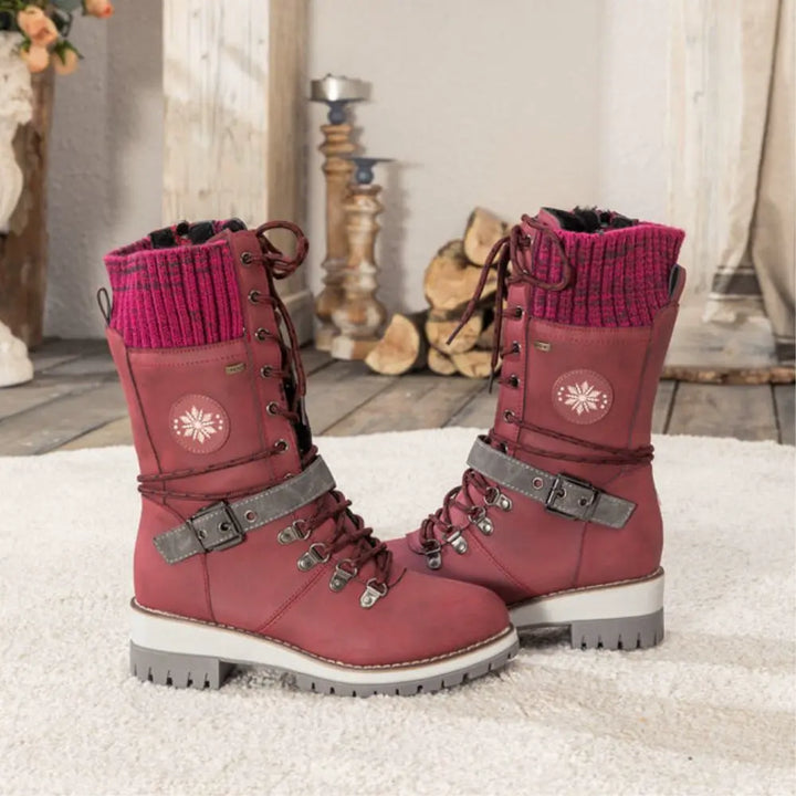 Emily & Isabella Brooks | Women's Winter Lace-Up Snow Boots - Knit Cuff, Buckle, Anti-Slip Sole