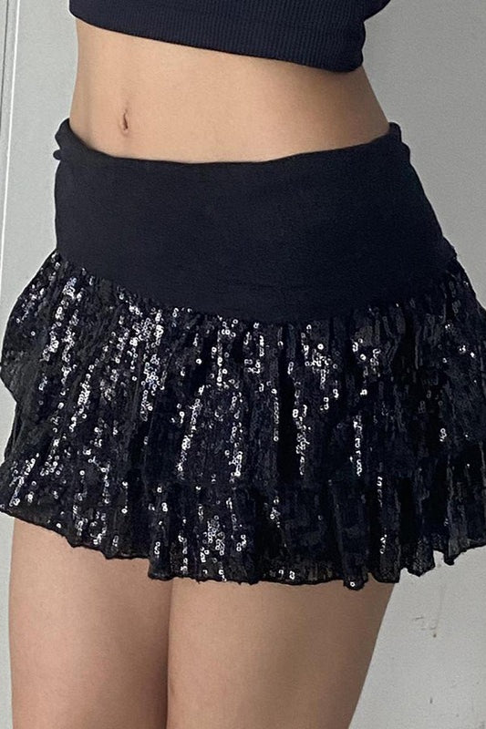 Emily & Isabella Brooks | Sequin Paneled Tiered Bodycon Mini Skirt