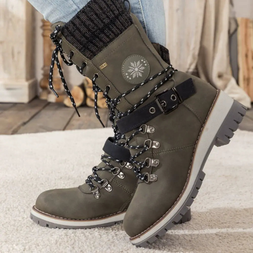 Emily & Isabella Brooks | Women's Winter Lace-Up Snow Boots - Knit Cuff, Buckle, Anti-Slip Sole