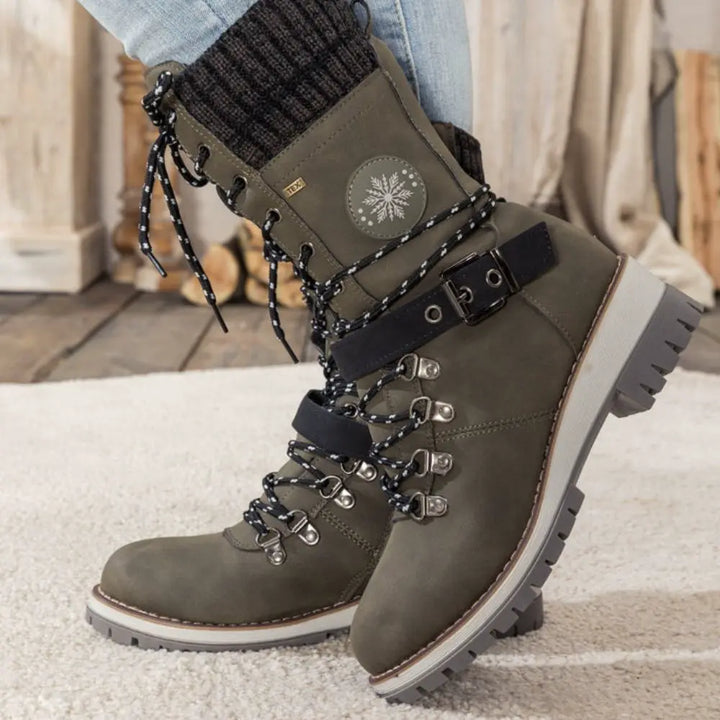 Emily & Isabella Brooks | Women's Winter Lace-Up Snow Boots - Knit Cuff, Buckle, Anti-Slip Sole