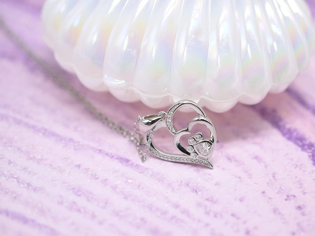 Emily & Isabella Brooks | Sterling Silver Necklace with Paw and Heart Design and Zirconia