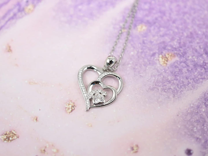 Emily & Isabella Brooks | Sterling Silver Necklace with Paw and Heart Design and Zirconia