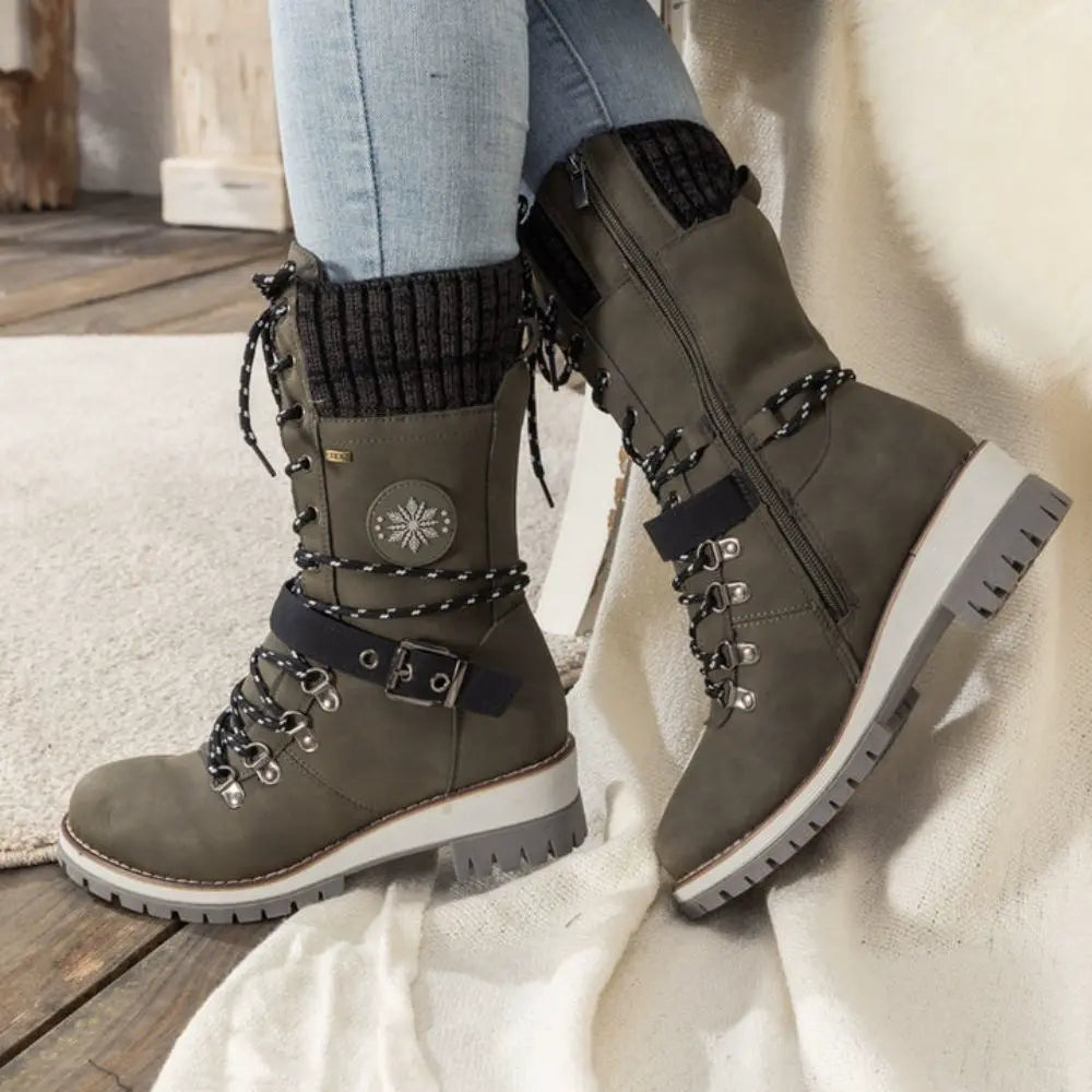 Emily & Isabella Brooks | Women's Winter Lace-Up Snow Boots - Knit Cuff, Buckle, Anti-Slip Sole