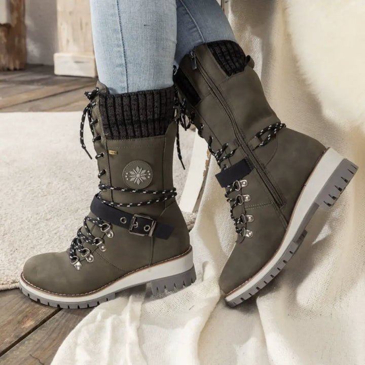 Emily & Isabella Brooks | Women's Winter Lace-Up Snow Boots - Knit Cuff, Buckle, Anti-Slip Sole