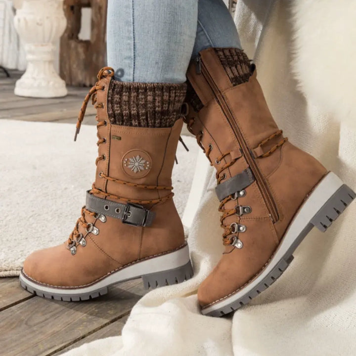 Emily & Isabella Brooks | Women's Winter Lace-Up Snow Boots - Knit Cuff, Buckle, Anti-Slip Sole