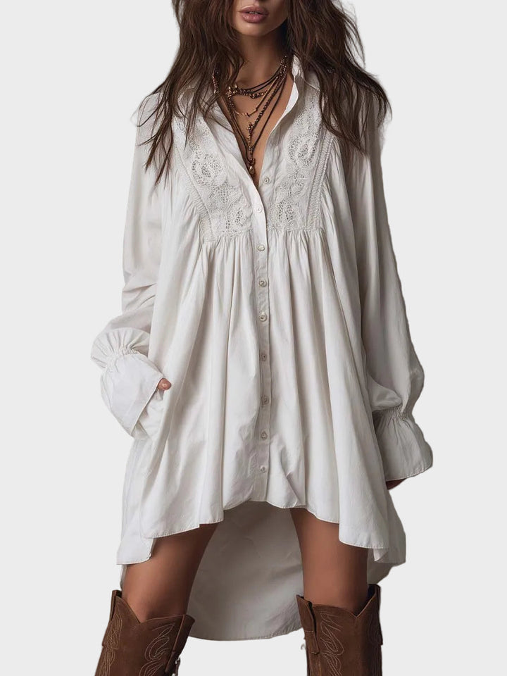 Emily & Isabella Brooks | Retro mini dress, lace, asymmetrical hem, long sleeves