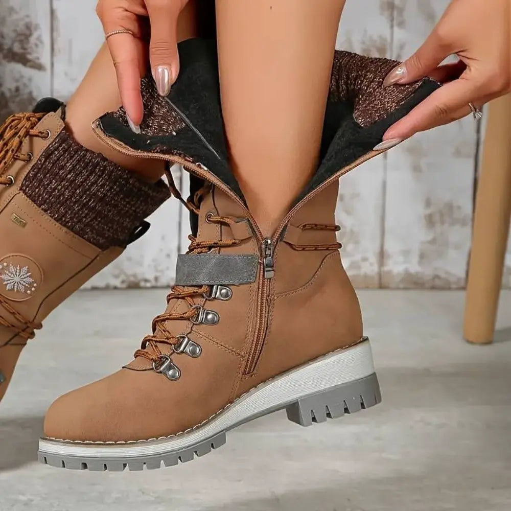 Emily & Isabella Brooks | Women's Winter Lace-Up Snow Boots - Knit Cuff, Buckle, Anti-Slip Sole
