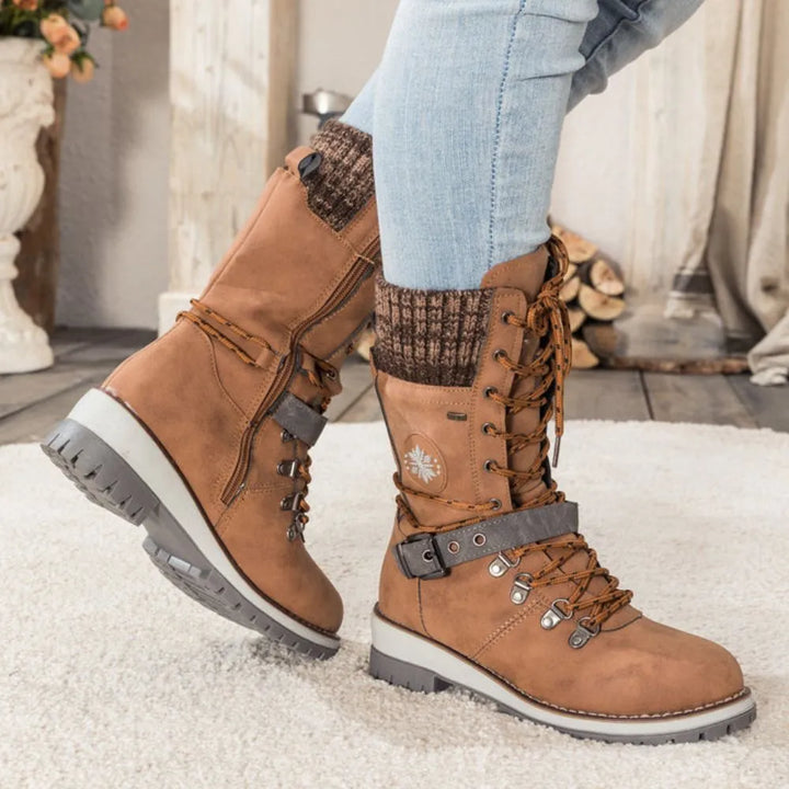 Emily & Isabella Brooks | Women's Winter Lace-Up Snow Boots - Knit Cuff, Buckle, Anti-Slip Sole