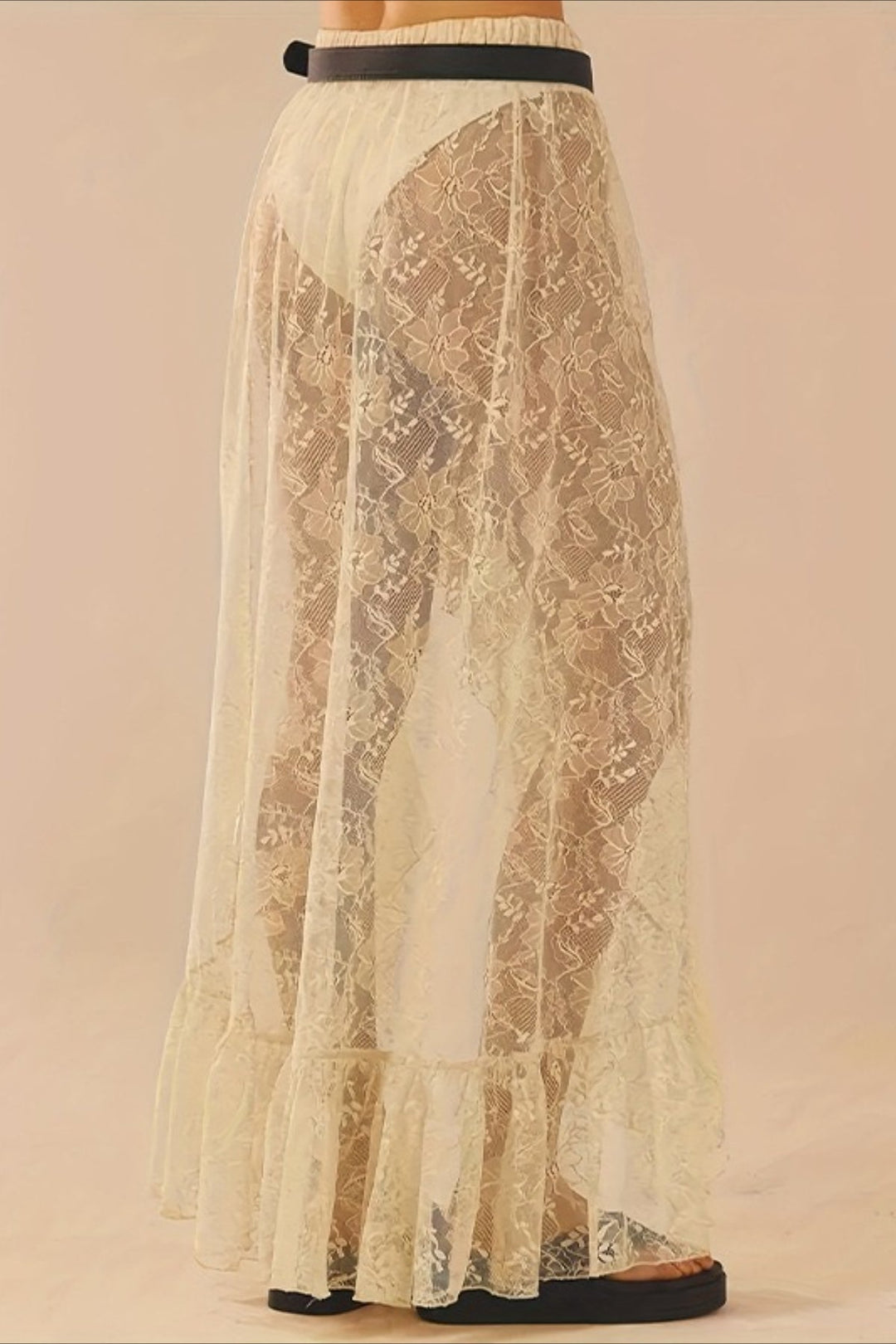 Emily & Isabella Brooks | Lace Insert High Waist Slit Asymmetrical Midi Skirt