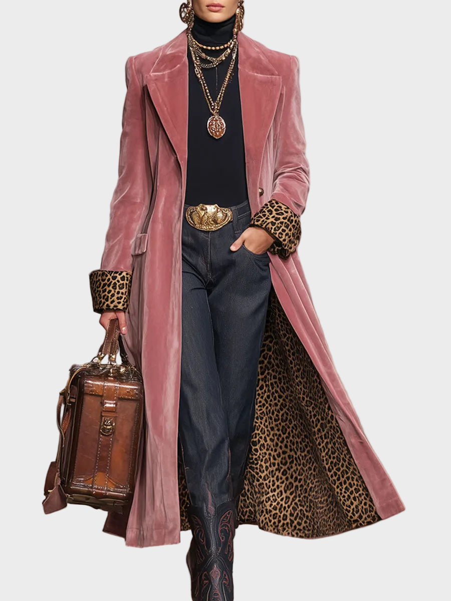 Emily & Isabella Brooks | Velvet Single-Breasted Coat with Lapel and Leopard Print