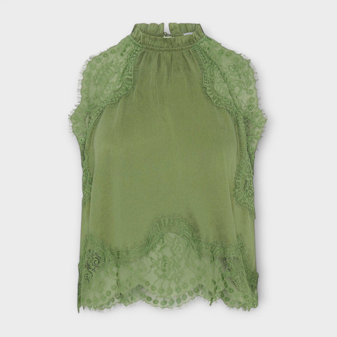 Emily & Isabella Brooks | Satin Blouse with Lace Trim and Pleated Neckline