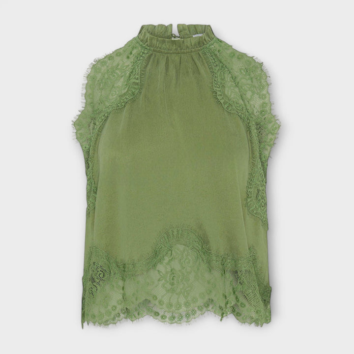 Emily & Isabella Brooks | Satin Blouse with Lace Trim and Pleated Neckline