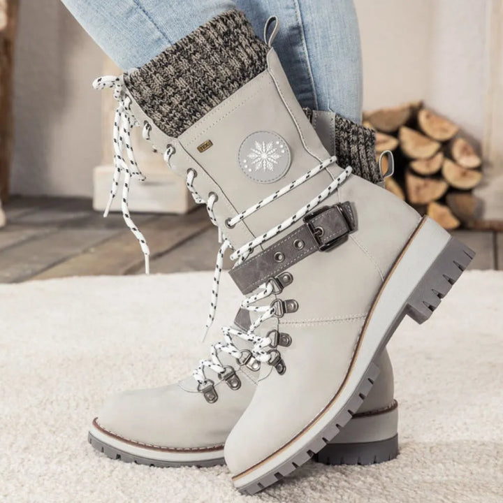 Emily & Isabella Brooks | Women's Winter Lace-Up Snow Boots - Knit Cuff, Buckle, Anti-Slip Sole