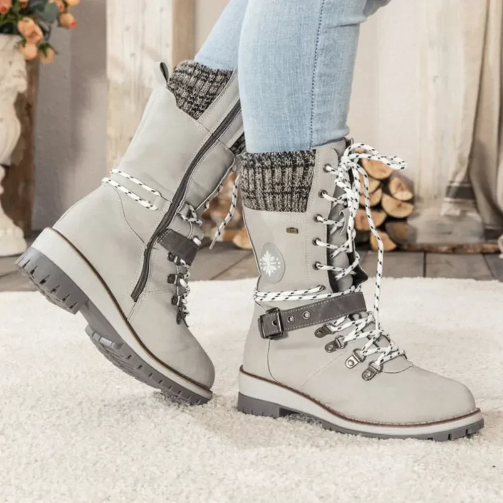 Emily & Isabella Brooks | Women's Winter Lace-Up Snow Boots - Knit Cuff, Buckle, Anti-Slip Sole