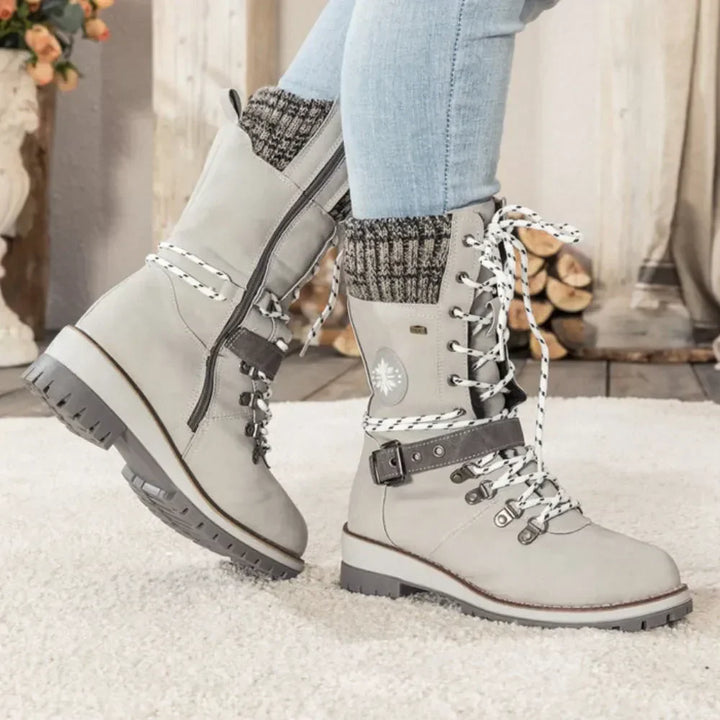 Emily & Isabella Brooks | Women's Winter Lace-Up Snow Boots - Knit Cuff, Buckle, Anti-Slip Sole