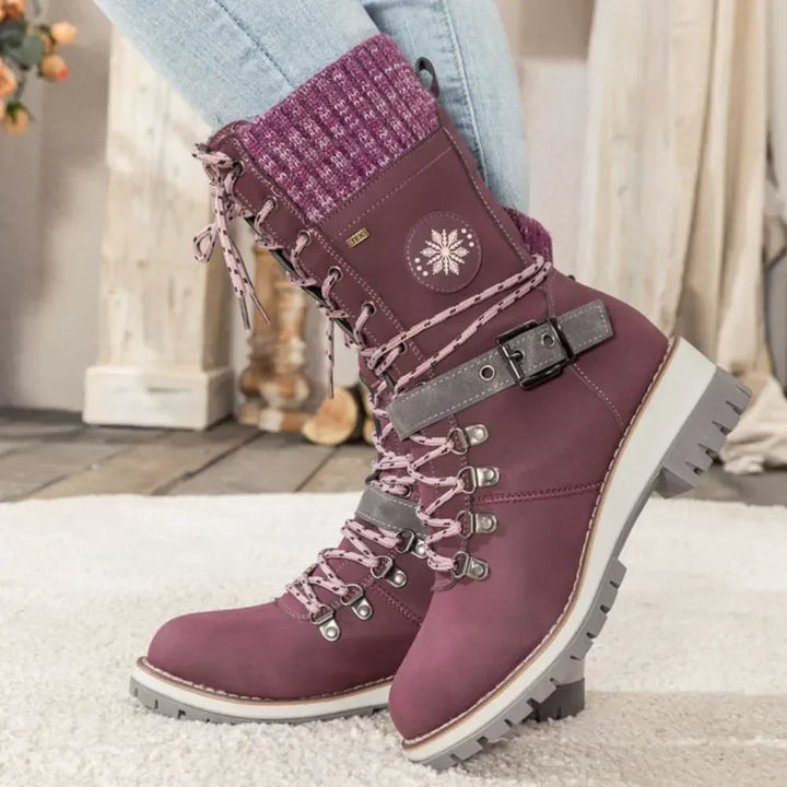 Emily & Isabella Brooks | Women's Winter Lace-Up Snow Boots - Knit Cuff, Buckle, Anti-Slip Sole