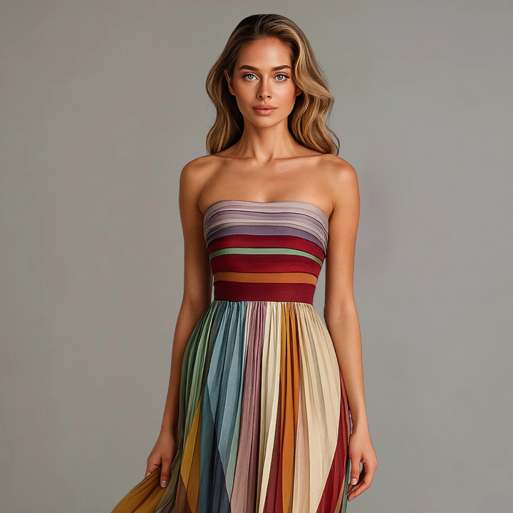 Emily & Isabella Brooks | Women's Strapless Colorful Pleated Maxi Dress