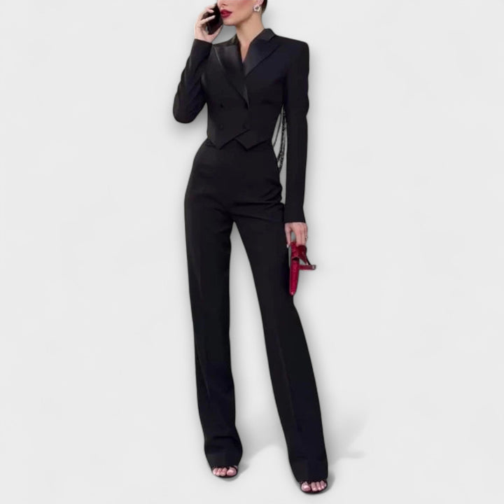 Emily & Isabella Brooks | Black Pearl-Embellished Backless Short Blazer Set