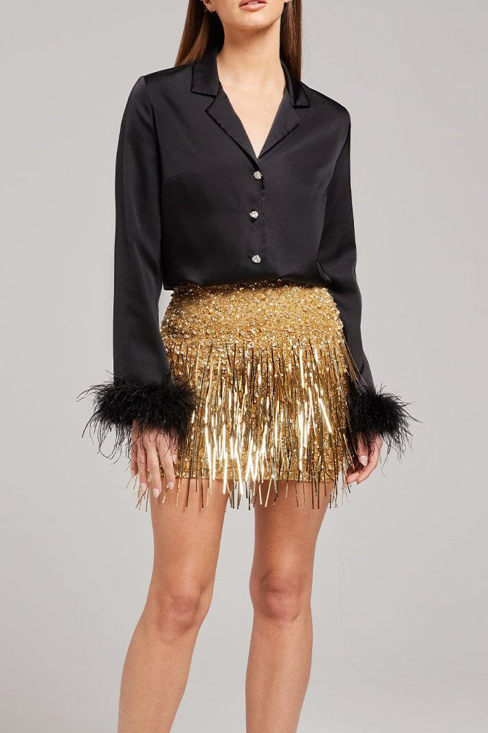 Emily & Isabella Brooks | Gold Sequin Fringe Mini Skirt