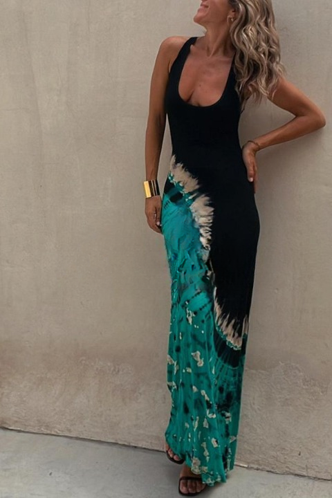 Emily & Isabella Brooks | Tie-dye Print Back Lace-up Stretch Maxi Dress