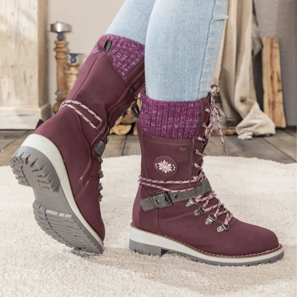 Emily & Isabella Brooks | Women's Winter Lace-Up Snow Boots - Knit Cuff, Buckle, Anti-Slip Sole