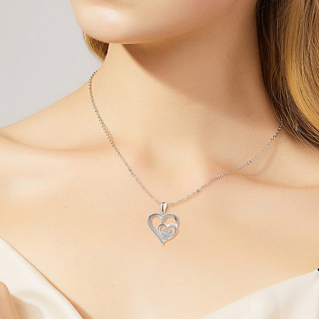 Emily & Isabella Brooks | Sterling Silver Necklace with Paw and Heart Design and Zirconia