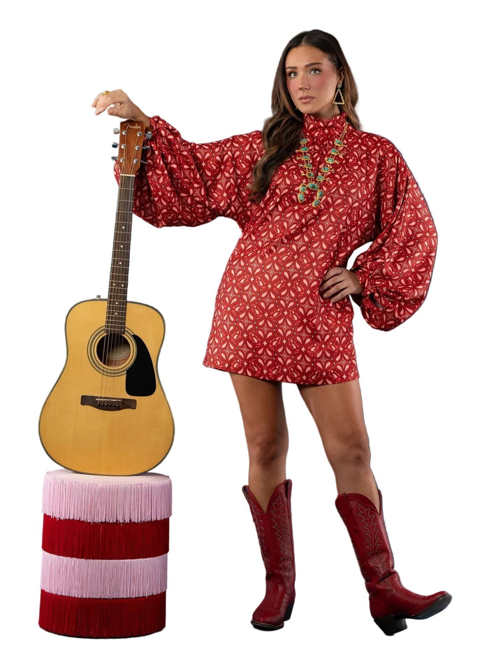 Emily & Isabella Brooks | Bohemian High Neck Lantern Sleeve Mini Dress
