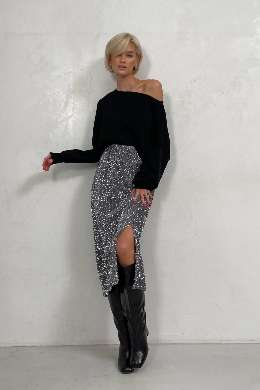 Emily & Isabella Brooks | Sequin High Waist Bodycon Midi Skirt