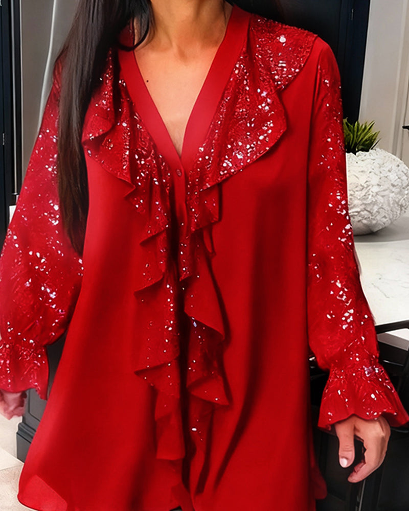 Emily & Isabella Brooks | Loose Solid Color Blouse with Ruffles
