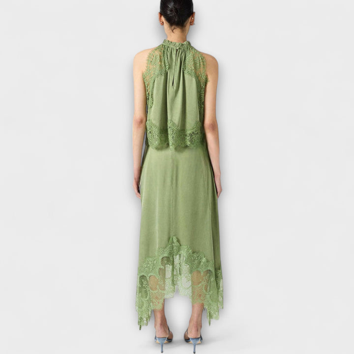 Emily & Isabella Brooks | Satin Blouse with Lace Trim and Pleated Neckline