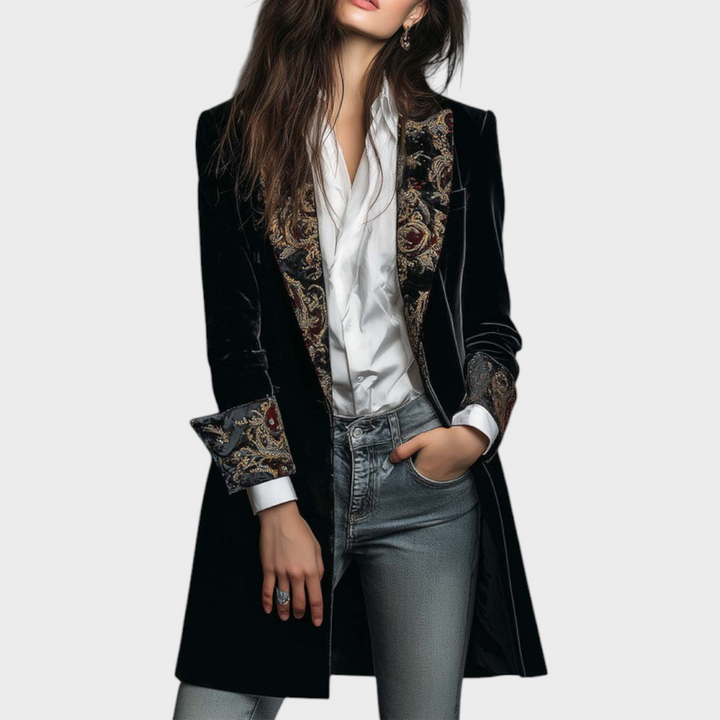Emily & Isabella Brooks | Black Velvet Blazer with Baroque Print Handles